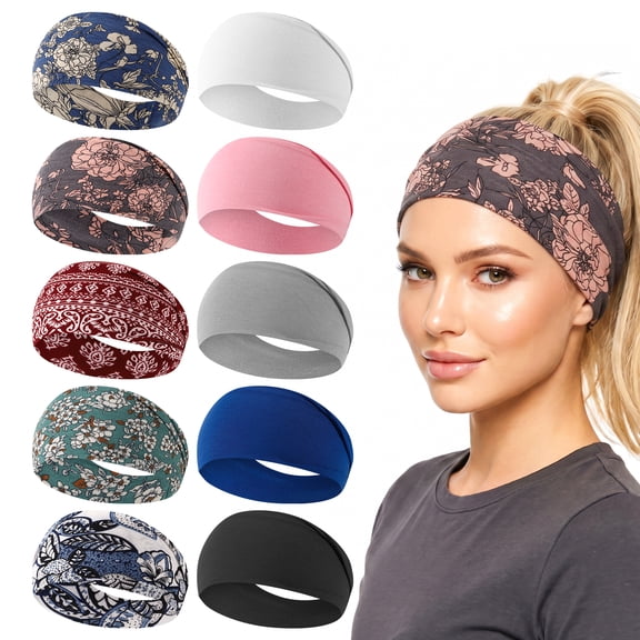 Bocaoying 10 Pack Floral & Solid Color Headbands for Women Non Slip, Wide Thick Boho Hair Bands, Vintage Fashion Hair Accessories for Workout, Yoga, Beach & Daily Wear