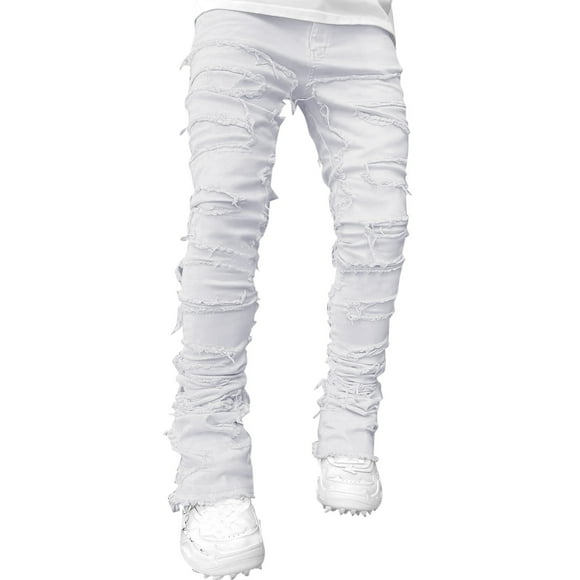 QHFBli Skinny Jeans for Men Men's Tassel Straight Leg Denim Jeans Classic Casual Comfort Stretch Fabric Streetwear Everyday Versatile All White M