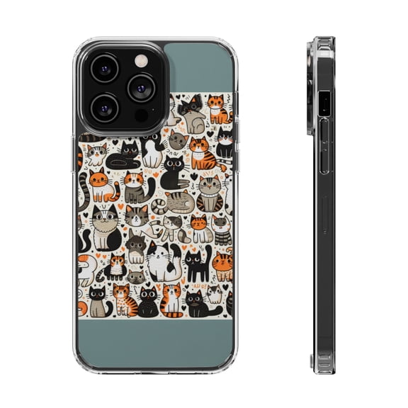 DistinctInk Hybrid (Acrylic / TPU) Clear Slim Fit Case for Apple iPhone 12 Pro (6.1" Screen) - "Feline Frenzy: Whimsical Cats in Patterns"