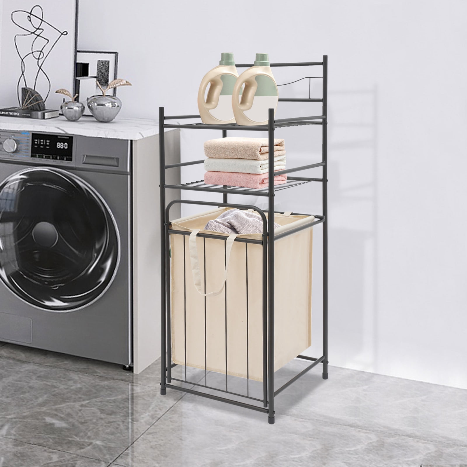 3-Tier Laundry Storage Basket Rack Laundry Rack with Removable Bag Laundry Basket with Shelf for Homes