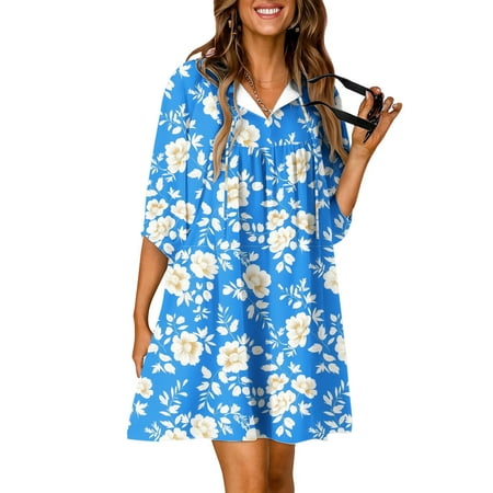 Floral Mini Dress Womens Summer Trendy Half Sleeve Lace-up Keyhole Neck Loose Babydoll FLowy Short Dress (L  Light Blue)
