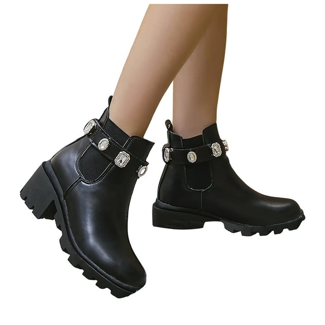 Rokment Sparkly Rhinestones Platform Combat Boots for Women Fashion Bling Leather Chunky High Heel Dress Ankle Booties Fall Winter