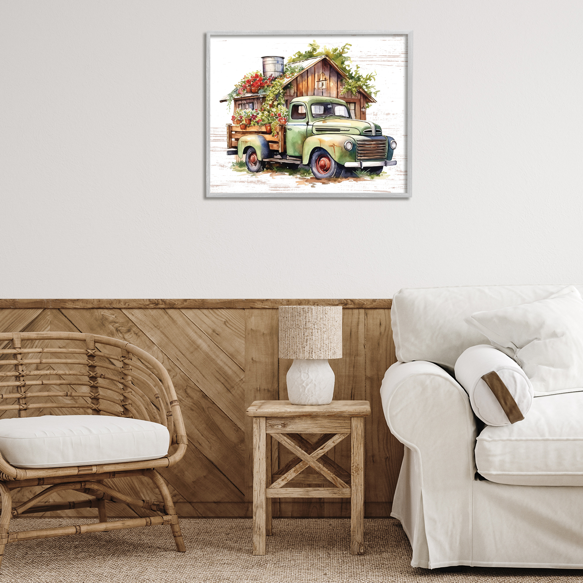 Stupell Industries Rustic Pickup with Greenery Transportation Painting Gray Framed Art Print Wall Art, 30 x 24