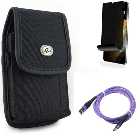 10ft USB Cable & Case Belt Clip & Privacy Screen Protector for Samsung Galaxy S22 Plus (S22 ) - Combo Purple Type-C Charger Cord & Rugged Holster & TPU Film (Fingerprint) Anti-Peep