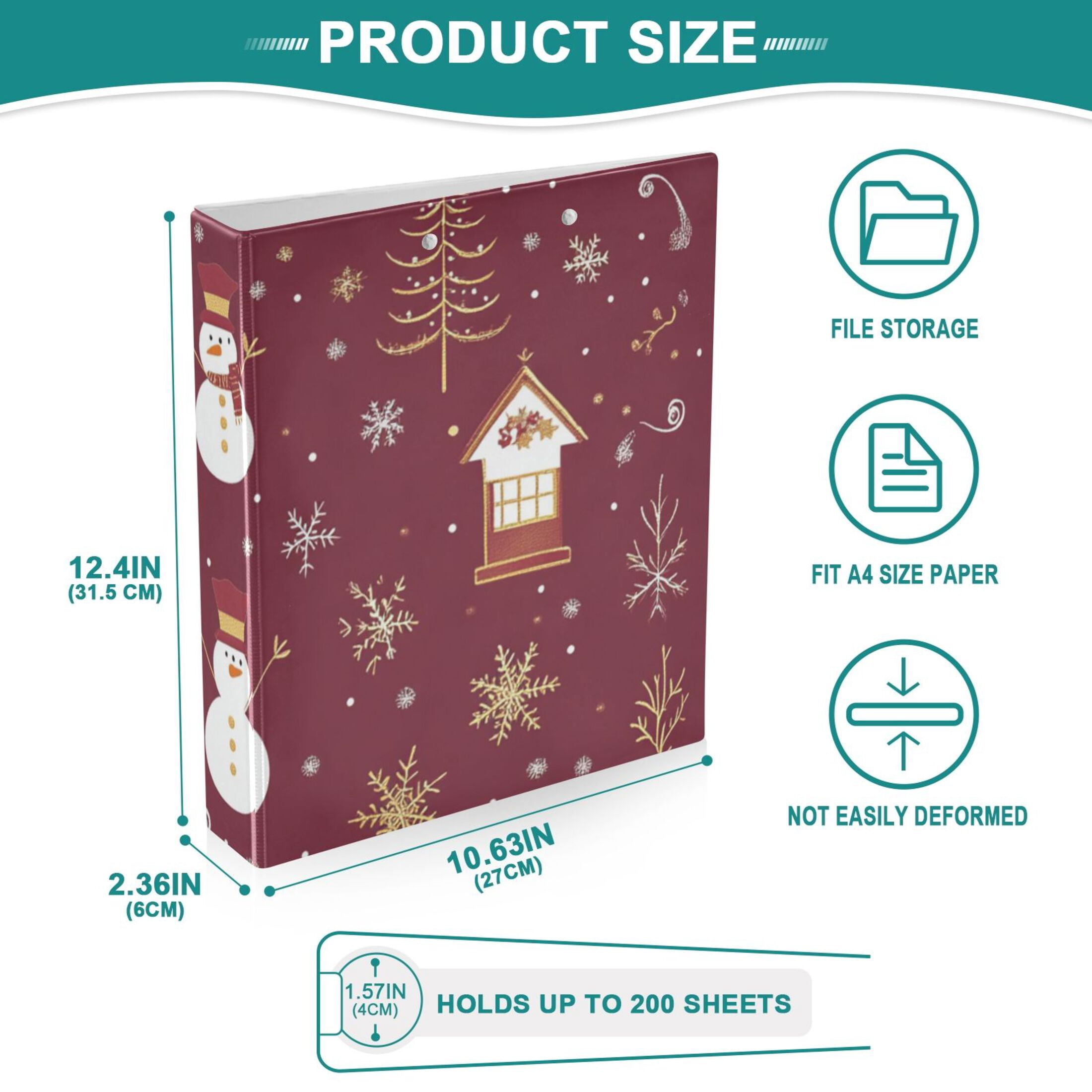 Christmas Houses Snowmans 3 Ring Binders 1.5 inch Hardcover File Folders with Interior Pockets A4 Size Organizer for School Office Hospital