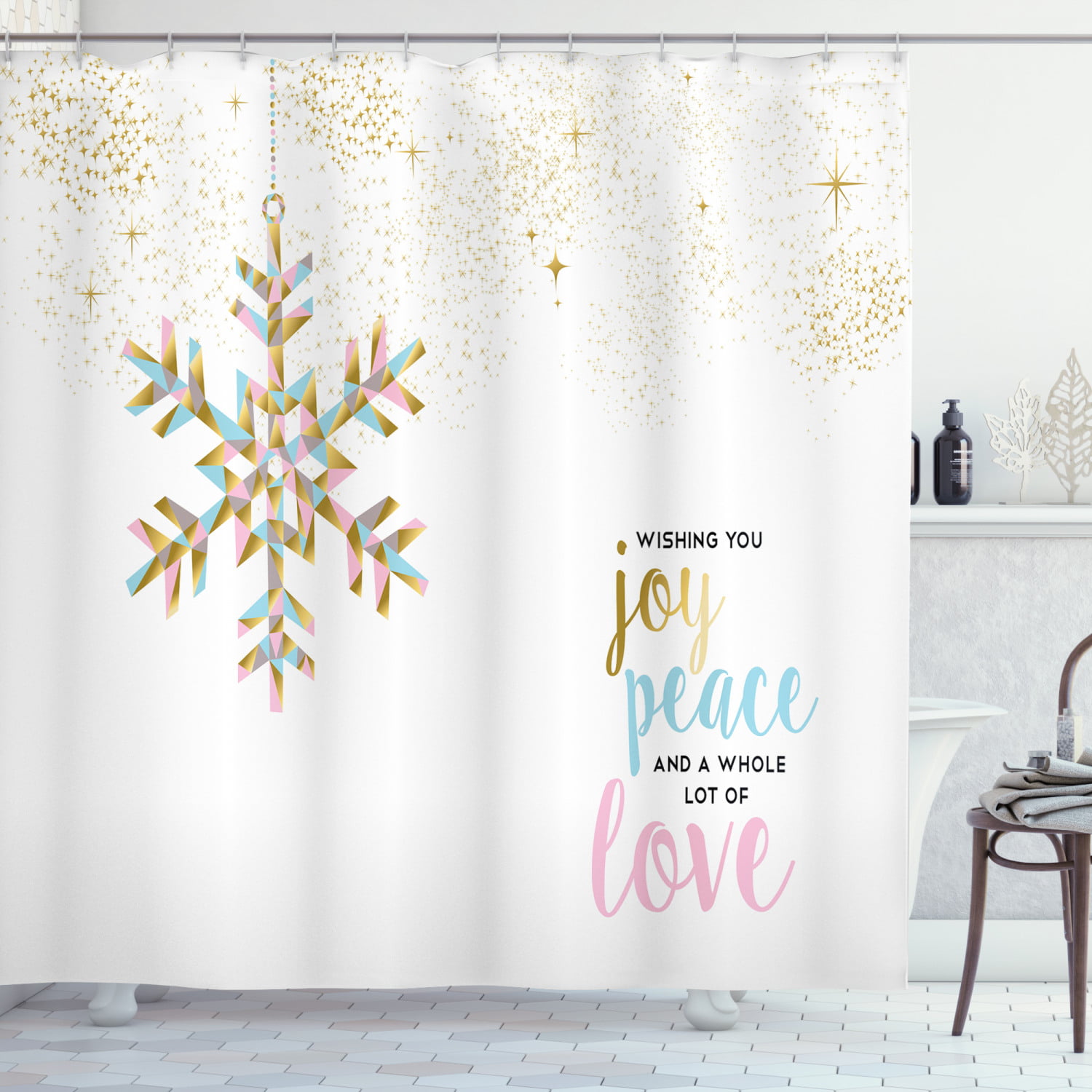 Christmas Snowflake Gold stars on Red Bathroom Fabric Shower Curtain & 12 Hooks 