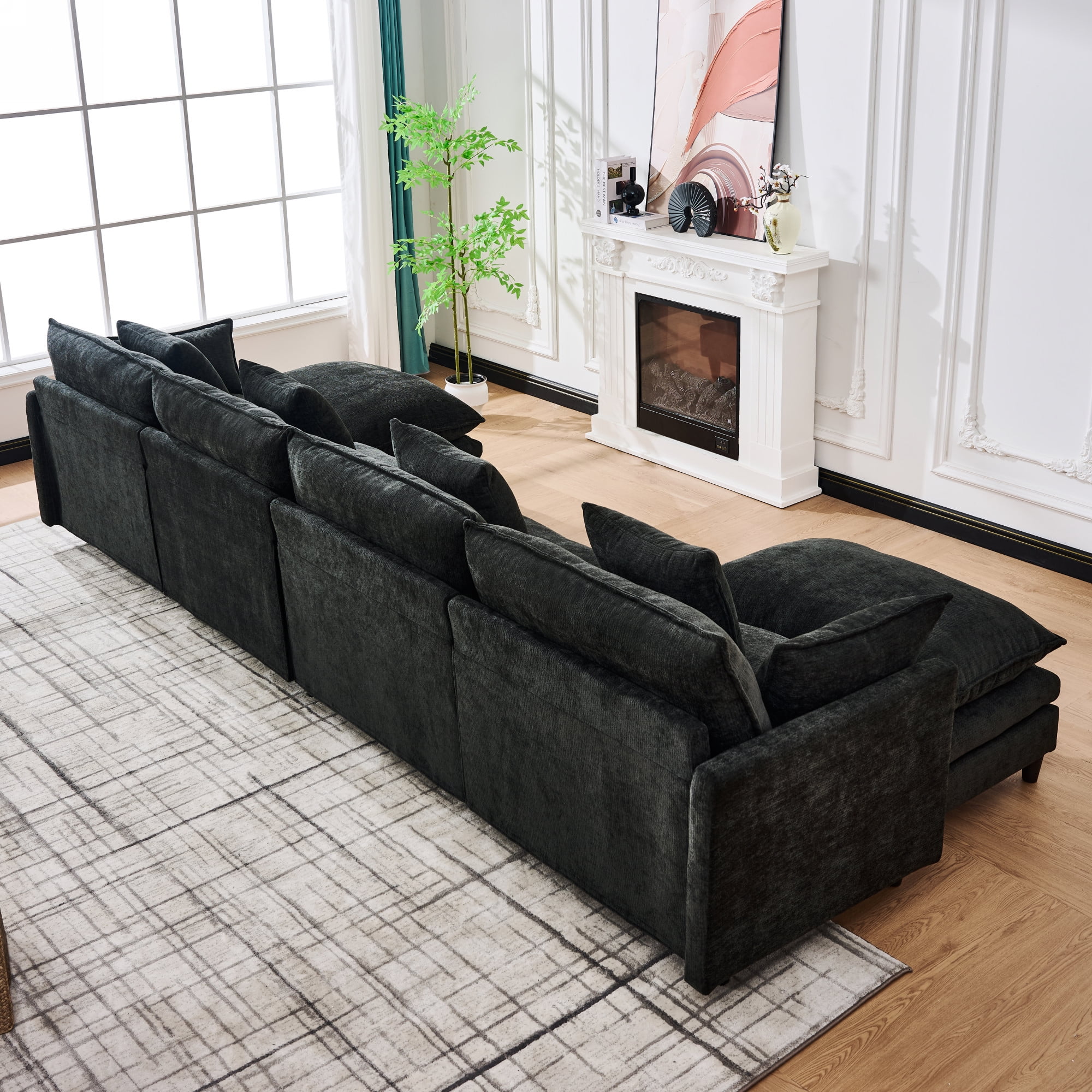 U-Shaped Modular Sectional Sofa with 2 Movable Ottomans and 6 Cushions, 140.9-Inch Soft Chenille Fabric Corner Couch for Living Room, Black