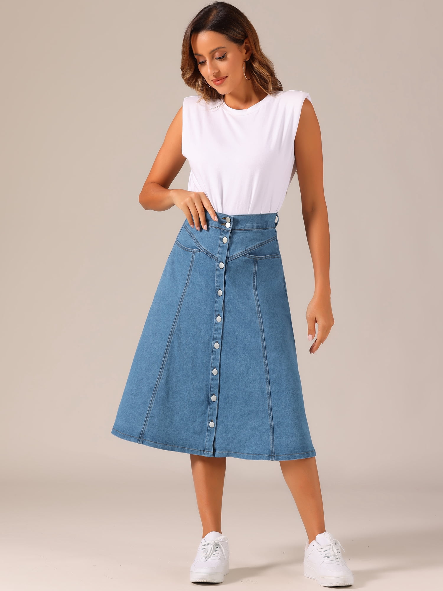 DARING DIVA Women's Buttons Front A-Line Flowy Midi Skirts with Pocket XL Light Blue