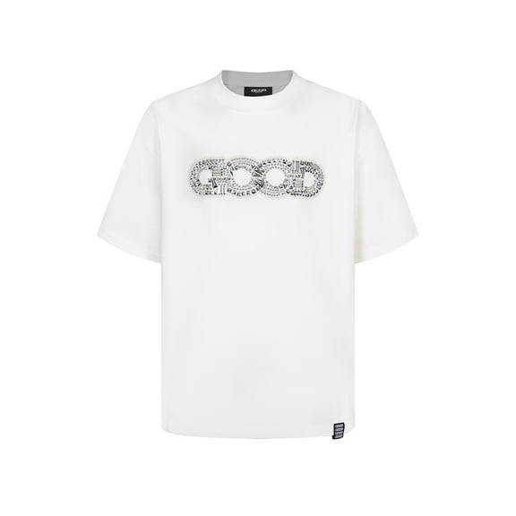 Unisex Summer Cotton T-Shirt Loose Fit GOOD Chain Logo with Contrast Metallic Details, White, XL