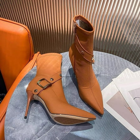 

ZMHEGW Women Boots Ankle Autumn And Winter Pointed Toe Stiletto Solid Color Simple Side Zipper Boots Shoes