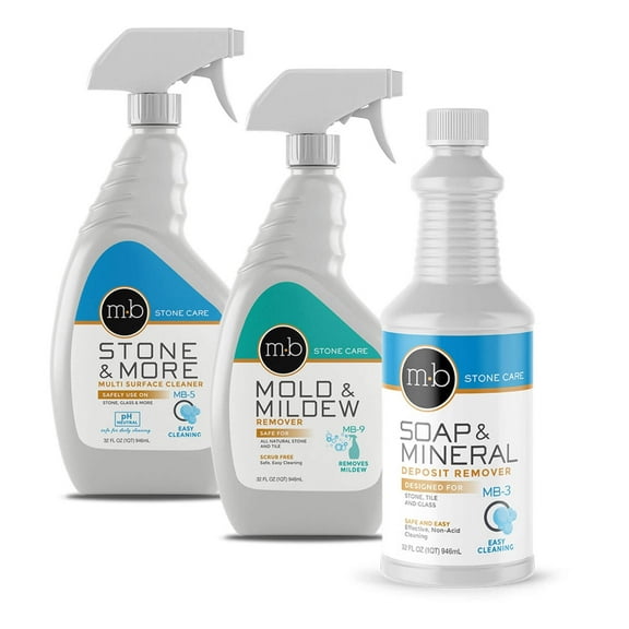 MB Stone Care Bath & Shower Kit | MB-3 Soap & Mineral Deposit Remover, MB-5 Stone Multi Surface Spray & MB-9 Mold & Mildew Remover | Ready to Use Bundle for Cleaning (1Quart / 32FL OZ)