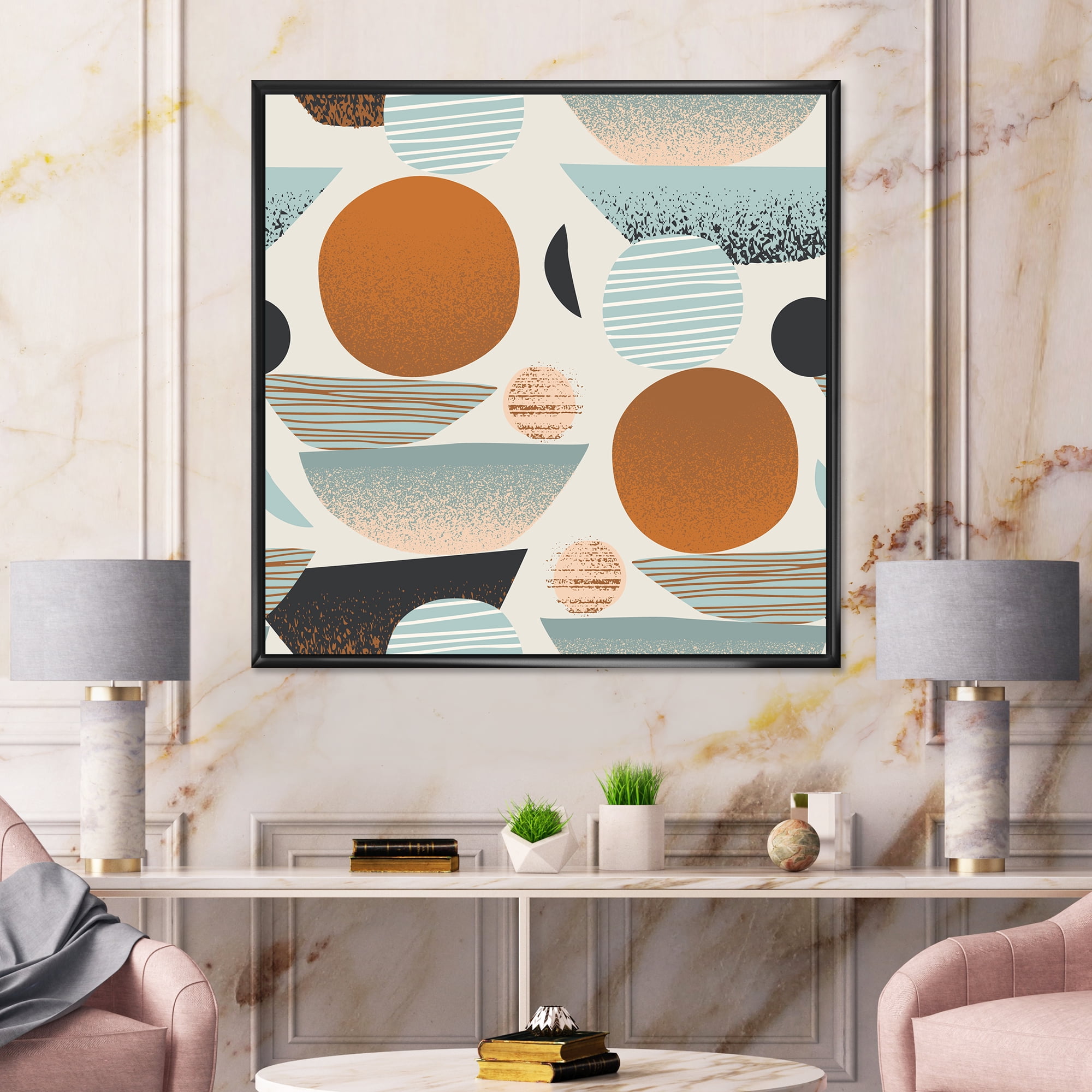 Designart 'Retro Shapes With Abstract Moons and Suns I' Modern Framed Canvas Wall Art Print