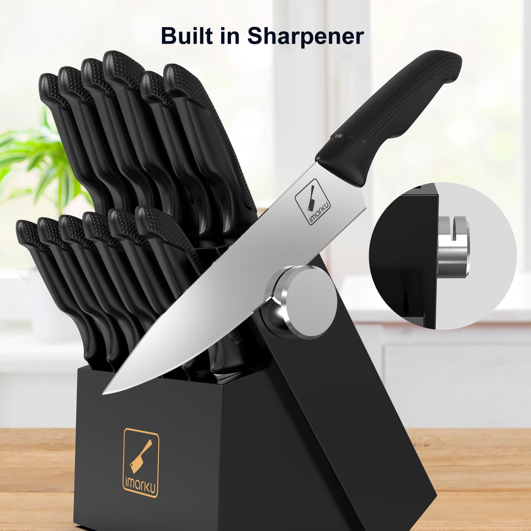 imarku Knife Set with Block, Sharp Knife Set with Built-in Sharpener, Stainless Steel Kitchen Knife Set with Non-Slip Ergonomic Handle, Dishwasher Safe, 14 PCS Professional Knife Set for Gift, Black