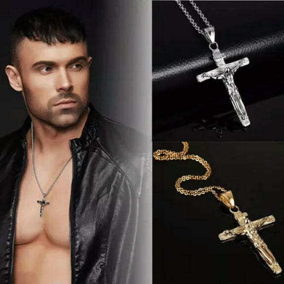 K-KED Women Men Stainless Steel Jesus Cross Crucifix Pendant Chain Necklace Jewelry.-Silver