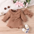 thumbnail image 3 of Gyratedream Bodysuits Jumpsuit for Baby Girl Infant Toddler Long Sleeve Ruffle Romper Outfits with Bow Tie Headscarf 2-Piece Set, 3 of 12