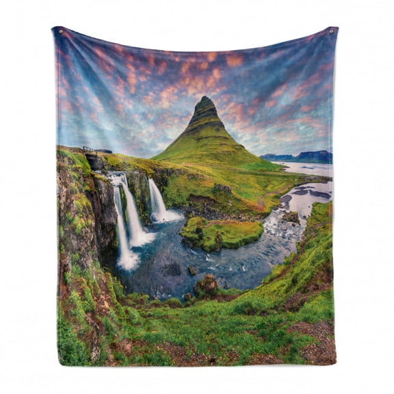 Iceland Soft Flannel Fleece Throw Blanket, Sunset on Famous Kirkjufellsfoss Waterfall an Evening Scene in a Rural Setting, Cozy Plush for Indoor and Outdoor Use, 60" x 80", Multicolor, by Ambesonne
