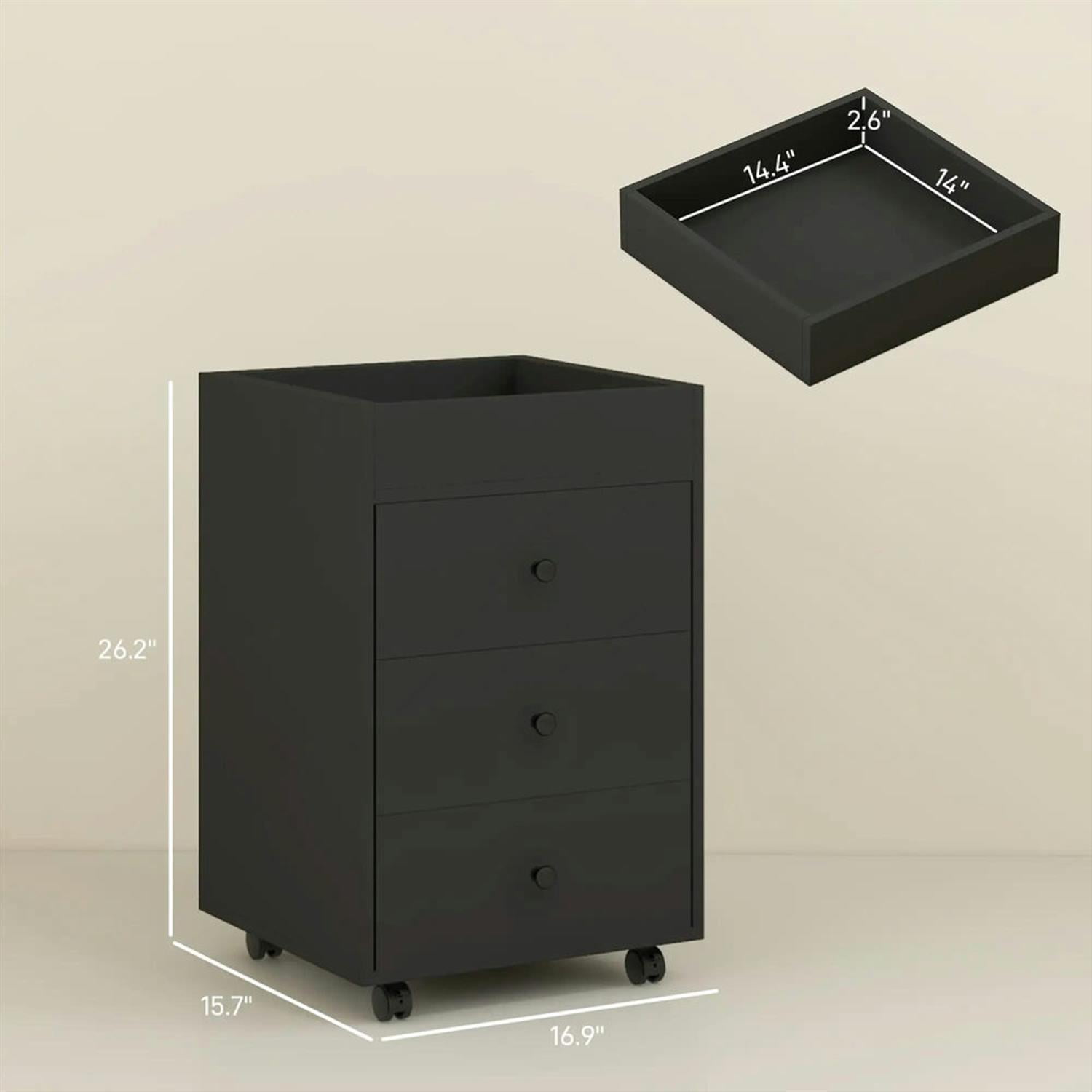 Demi Bonn Rolling Filing Cabinet with Castors, Modern 3 Drawer File Cabinet with Top Tray Under for Home Office, Desk Printer Stand, Black