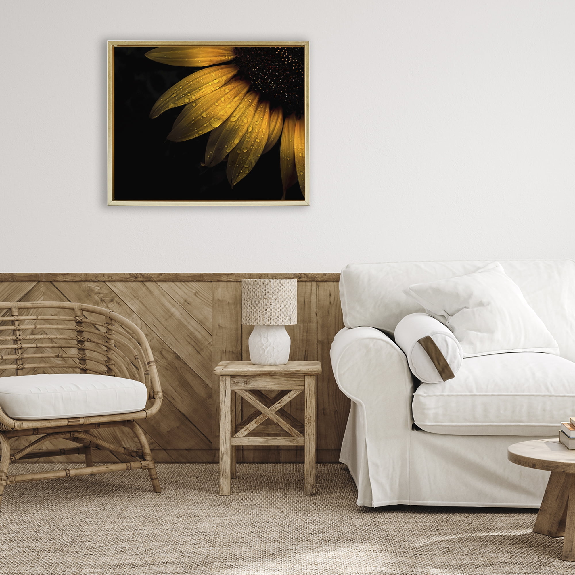 Water Droplets on Sunflower Gold Framed Floater Canvas Wall Art, design by Brian Carson Photography