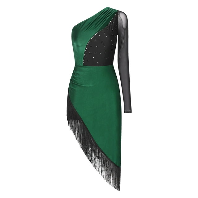 TTAO Robe de Danse Latine Asymétrique à Manches Longues pour Femmes, avec Franges à Pampilles, Costume de Performance de Ballroom Samba Vert m