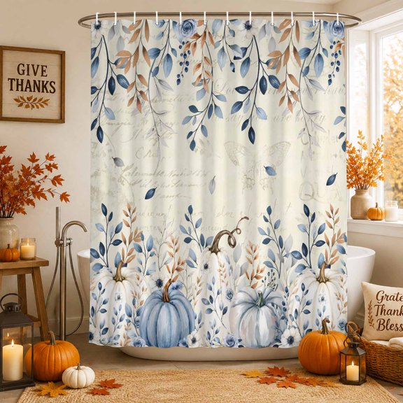 Blue Pumpkins Fall Shower Curtains for Bathroom, Thanksgiving Eucalyptus Leaves Weeping Autumn Waterproof Fabric Shower Curtain, Decorative Bathroom Curtain for Bathtub, 72"x72", No Hooks Included