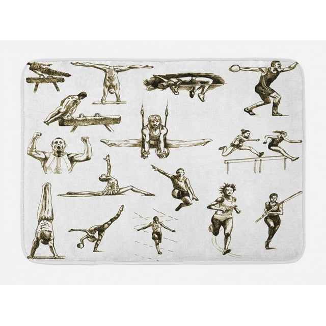 Olympics Bath Mat, Athletes Illustration Summer Sports Championship Marathon Excitement Theme, Non-Slip Plush Mat Bathroom Kitchen Laundry Room Decor, 29.5 X 17.5 Inches, Olive Green White, Ambesonne