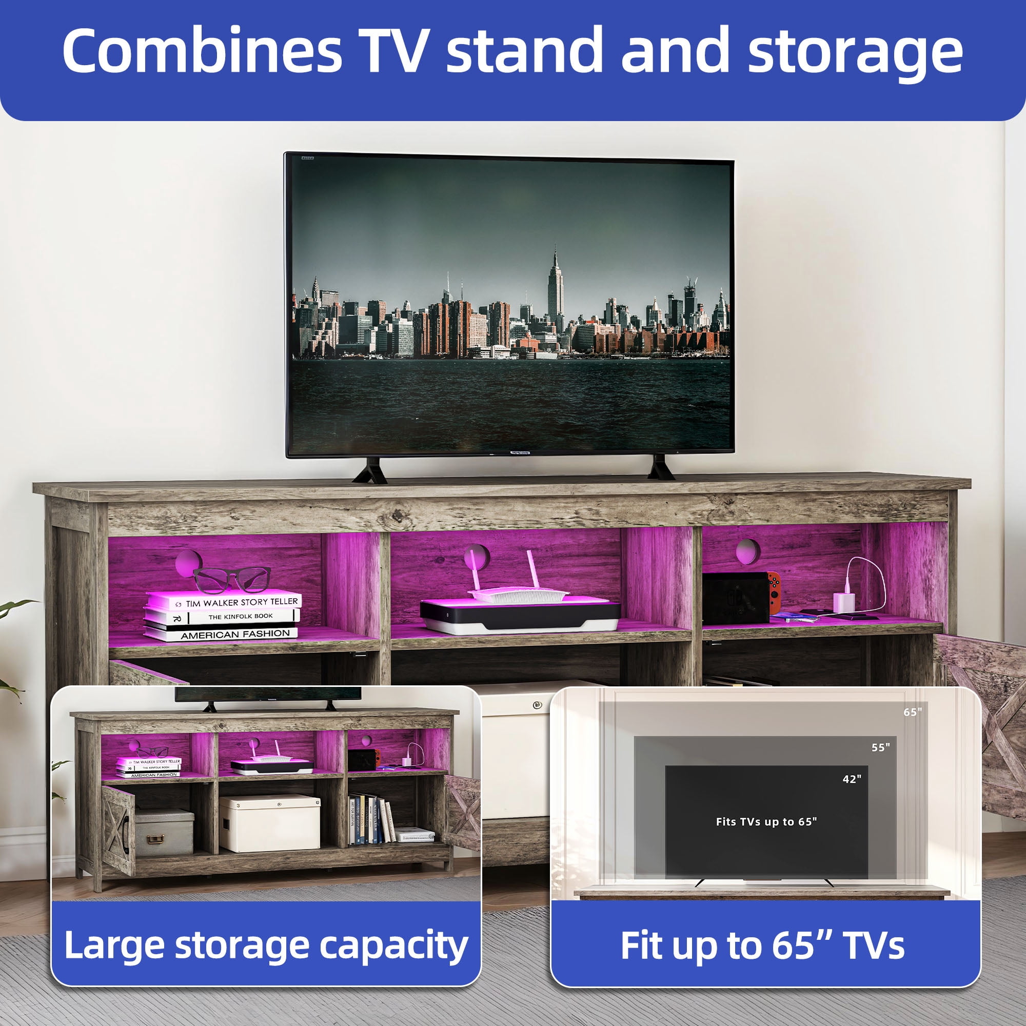 ModFusion Rustic Brown TV Stand, 70" Screen Support, Adjustable Shelves, LED Lights, 2 Doors with Magnetic Hinges, Cable Management, Freestanding Design, 300 lb Capacity
