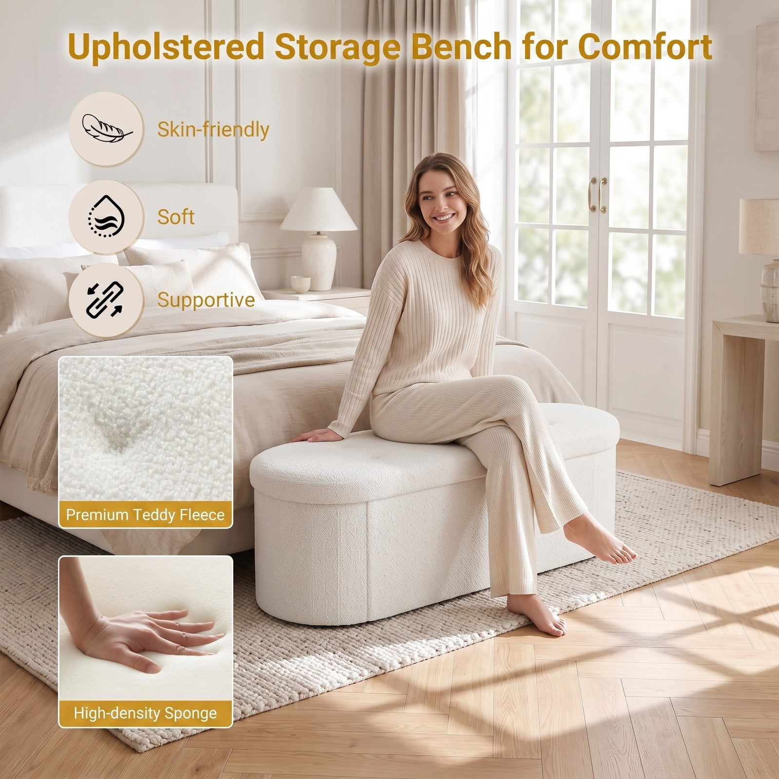 Furnibear 43 Inch Folding Teddy Fleece Storage Ottoman Bench with 2 Dividers and Tufted Padded Seat for Living Room and Bedroom, White