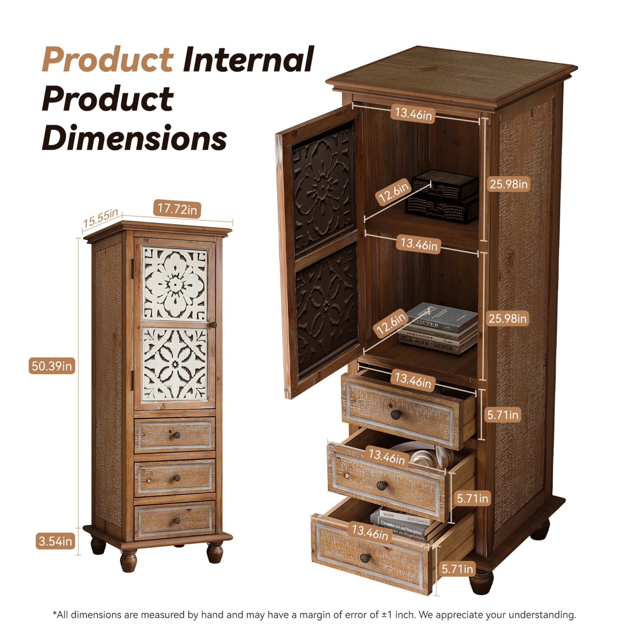 AENKYO 54" Tall Storage Cabinet, Hand-Carved Floral Door & 3 Drawers, Slim Wood Organizer, Natural Wood & Whitewash