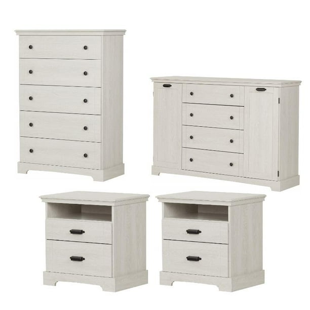 4 Piece Double Dresser Chest and 2 Nightstands Bedroom Set in Winter