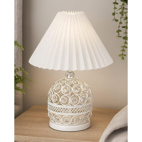 Modern Small Crystal Table Lamp, Contemporary Bedroom Bedside Nightstand Lamp Light | White Pleated, Desk Globe Lamp For Living Room Girls Kids Room, Fabric Shade | Best Table Lamp Light