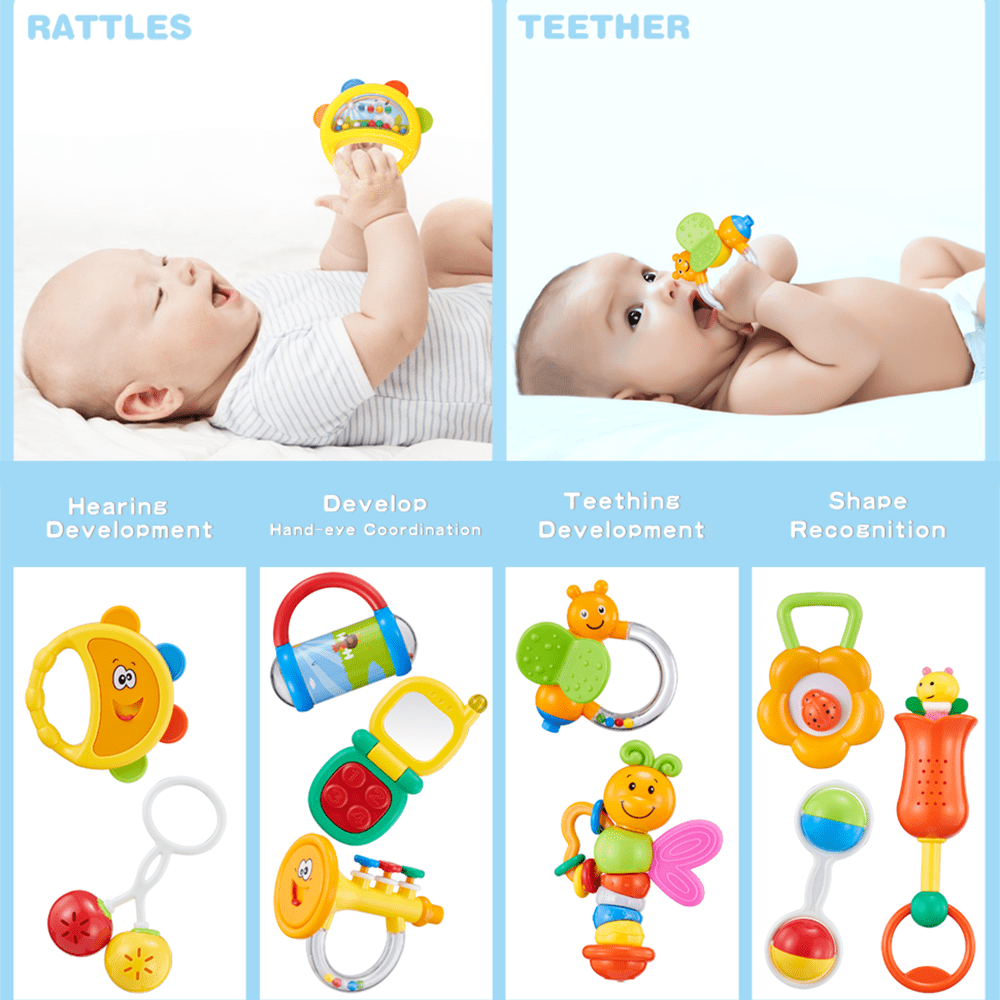 GOODWAY Rattle and Teether Baby Toys 3-6 Months, 10 Pcs Grab, Shaker and Spin Rattle Toys, Sensory and Fine Motor Skill Development Gift Set for 0,3, 6, 9, 12 Month Newborn, Infant, Boys, Girls