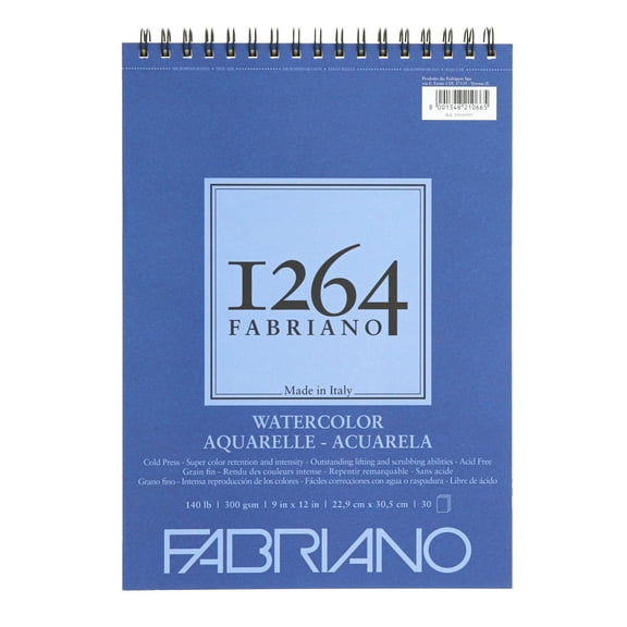 Fabriano 1264 Watercolor Pad, Spiral Bound, 9”x12”, 140 lb, 30 Sheets, 100% Alpha-Cellulose, Wet Media