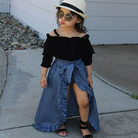 

uublik Dress for Girls Half Sleeve Off Shouder Halter Top Shorts Denim Skirt Set 3PC Sizes 12M-5T
