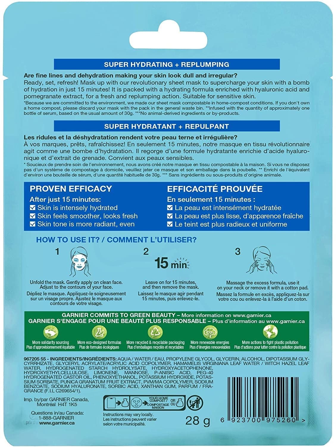 Masque Garnier Beauty, masque en tissu Moisture Bomb super hydratant avec acide hyaluronique et grenade, lot de 6