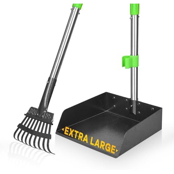 Larger Pooper Scooper for Large Dogs, Dog Pooper Scooper for Large Medium Small Dogs Long Handle Stainless Metal Tray and Rake Set Heavy Duty