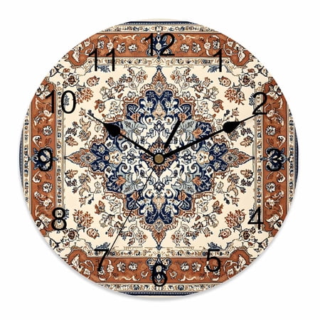 Silent Wall Clocks Battery Operated, Boho Vintage Round Decorative Wall Clock for Living Room Bedroom Kitchen Bathroom Classroom Decor, 10 Inch Ethnic Tribal Floral Pattern Beige Brown Blue