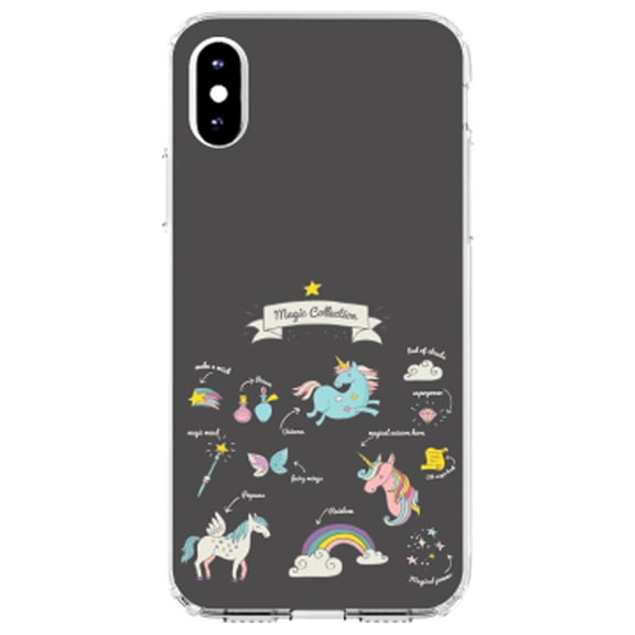 DistinctInk Clear Shockproof Hybrid Case for iPhone XS Max (6.5" Screen) - TPU Bumper, Acrylic Back, Tempered Glass Screen Protector - Magic Collection Grey - Unicorn, Rainbow