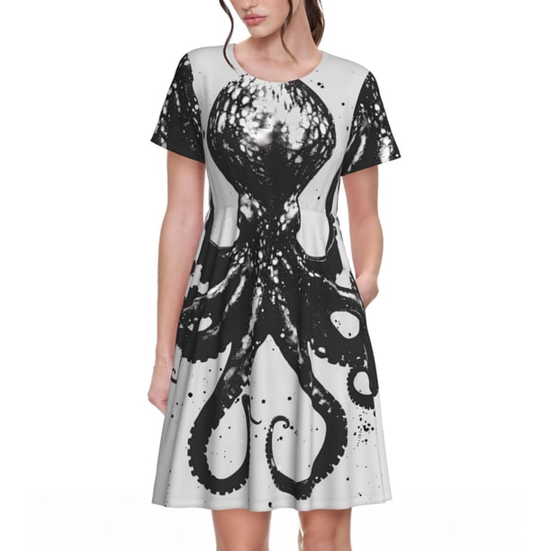 Disketp Abstract Ink Octopus para Vestido de Manga Corta para Mujeres, Vestidos de Verano para Mujeres, Casual y Holgado para la Playa
