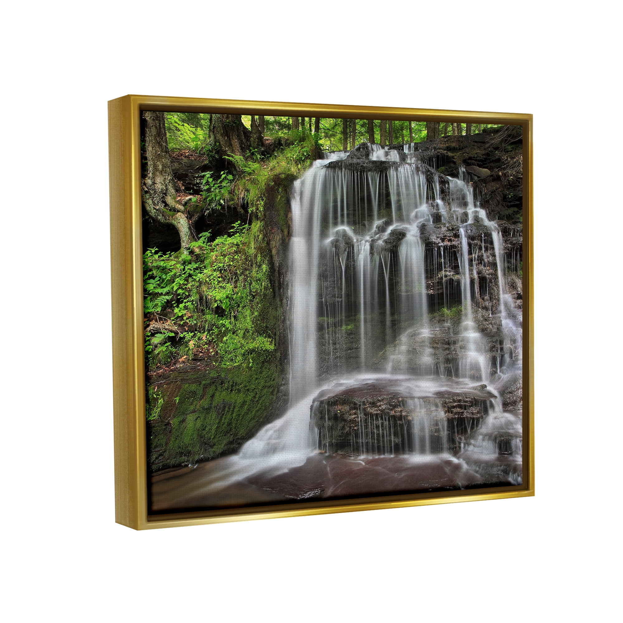 Stupell Industries Woodland Waterfall Nature Creek Landscape Photography Gold Floater Framed Art Print Wall Art