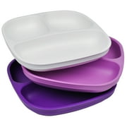 Re-Play Made in USA 3pk Toddler Feeding Divided Plates with Deep Sides for Easy Baby, Toddler, and Child Feeding - White, Purple, Amethyst (Violet) Durable, Dependable and Tough Toddler Plates!