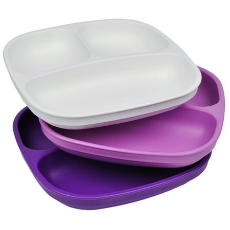 Re-Play Made in USA 3pk Toddler Feeding Divided Plates with Deep Sides for Easy Baby, Toddler, and Child Feeding - White, Purple, Amethyst (Violet) Durable, Dependable and Tough Toddler Plates!