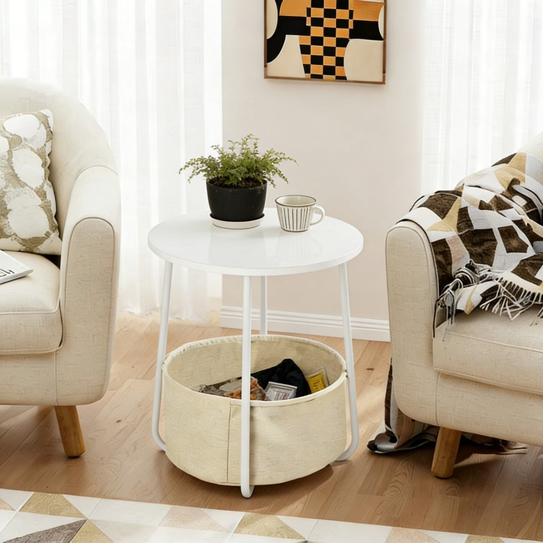 BSHTI 18" Round Coffee Table with Fabric Storage Basket – Space-Saving End Table for Living Room, Bedside Nightstand, Matte White & Beige