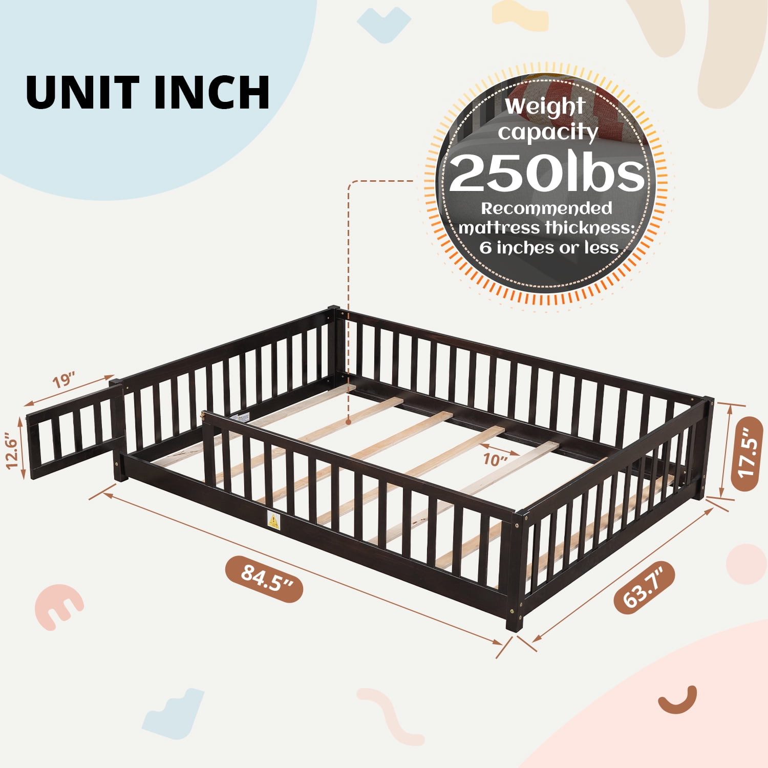 Queen Floor Bed for Children, Sturdy Wood Montessori Bed Frame with Wood Slats, Fence & Door, Montessori Floor Bed for Girls and Boys, Espresso