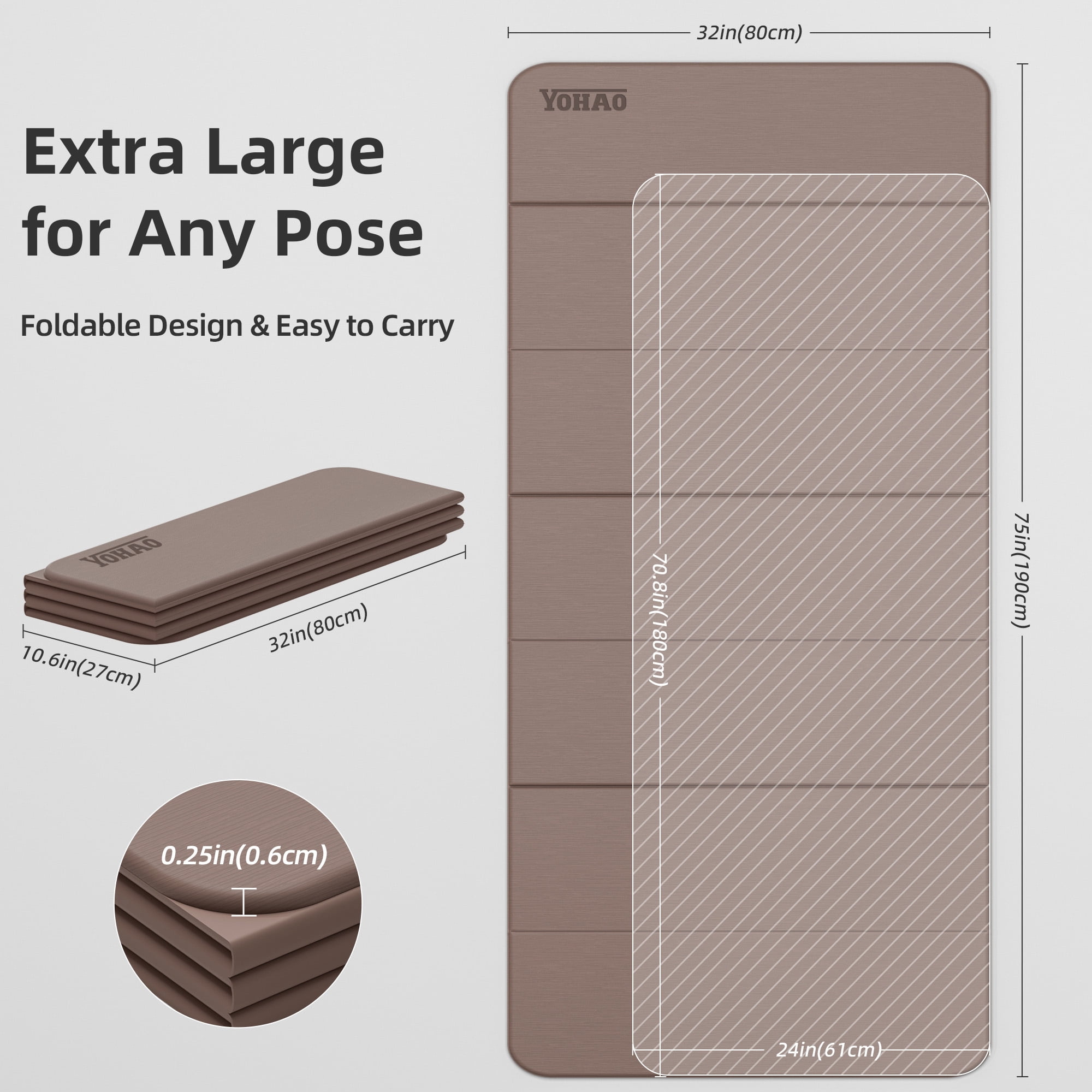 YOHAO Yoga Mat,Large Size:75"×32",Foldable Workout Mat for Yoga,Pilates and Travel,Anti-rolling,Non-slip,Easy Unfold and Storage(Brown)