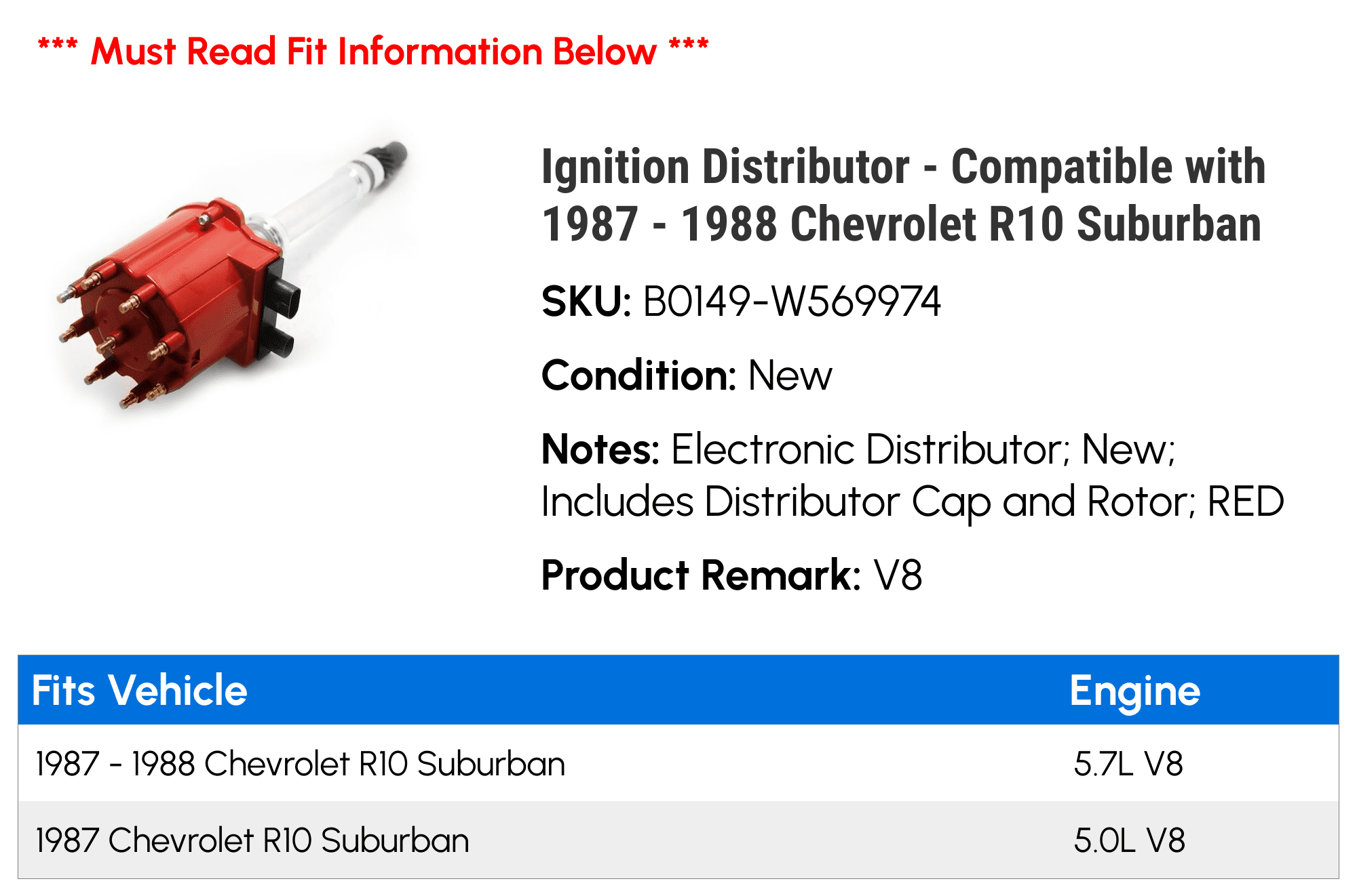 Ignition Distributor - Compatible with 1987 - 1988 Chevy R10 Suburban