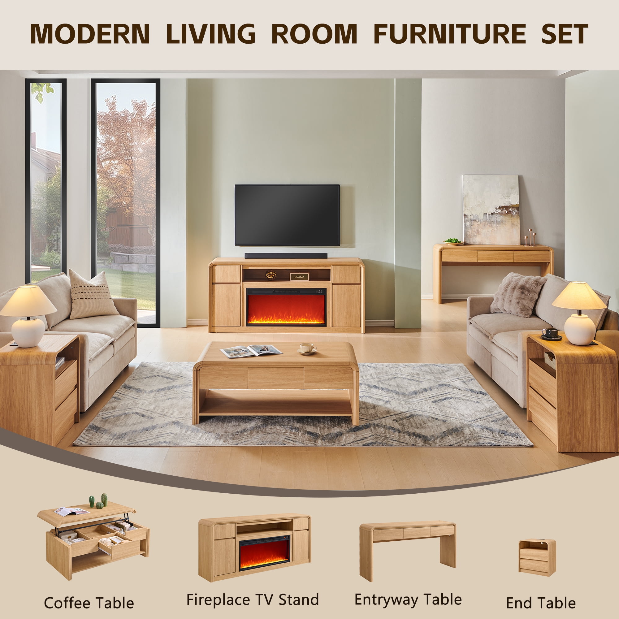 Modern Fireplace TV Stand for 75 inches TV, 36" Electric Fireplace w/ Wood Media Console, 32" Tall Entertainment Center & Adjustable Shelves for Living Room, Curved Profile Design