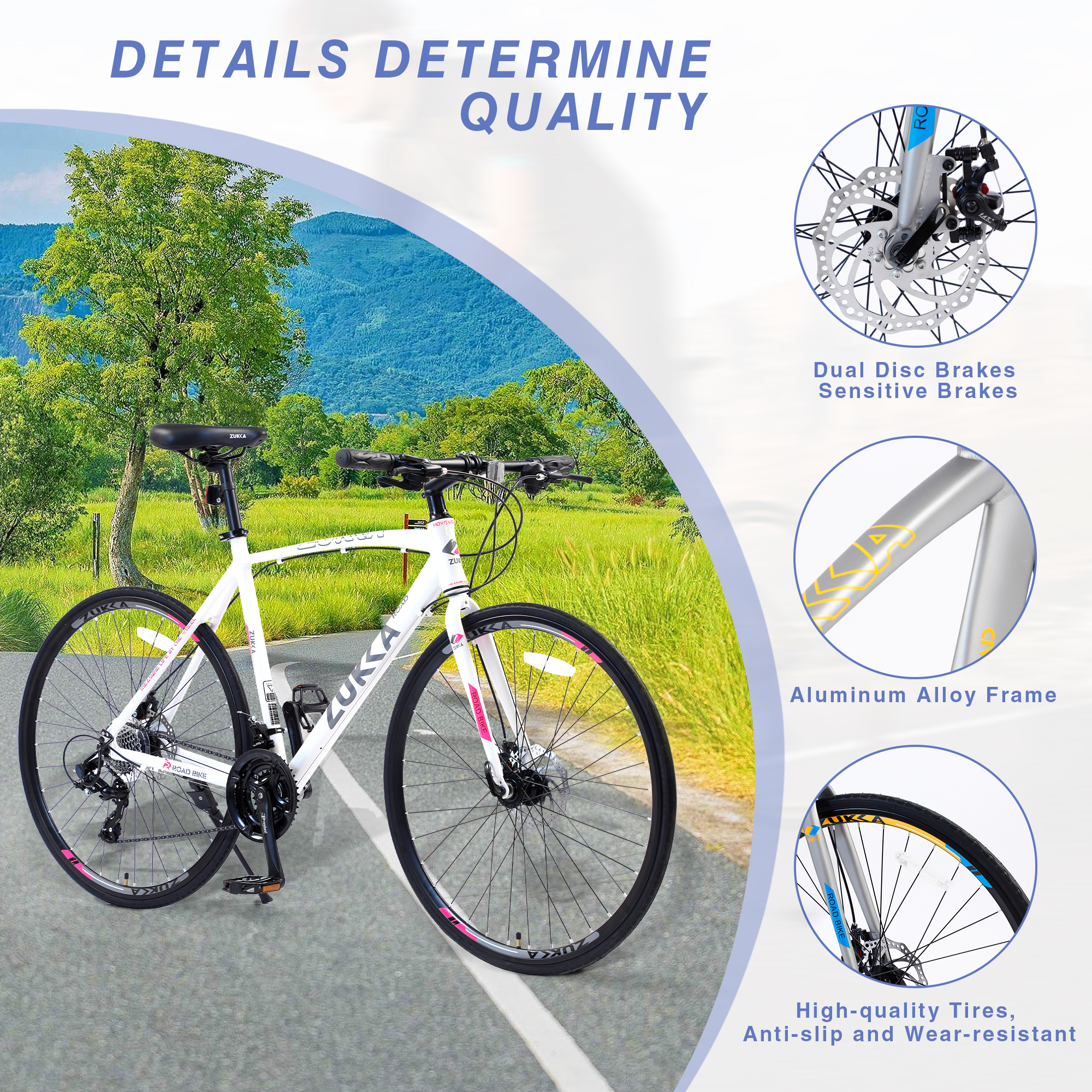 Zukka Road Bike 700C 24 Speed Aluminum Alloy Frame Bicycle for Unisex Adult White - image 5 of 7
