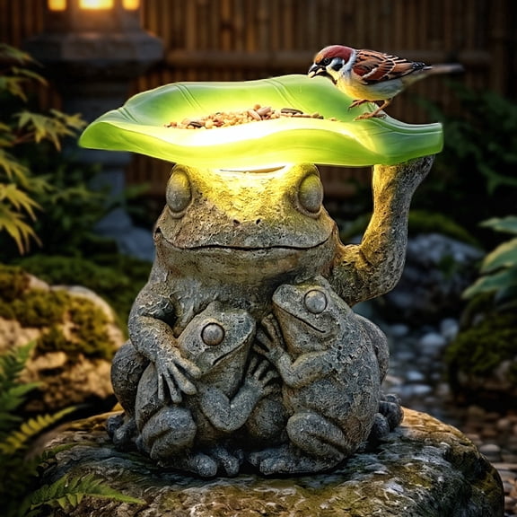 DAK Resin Solar Frog Garden Statue with Bird Feeder and LED Light, Frog Family for Yard Art Solar Garden Light for Patio Lawn Yard Decoration