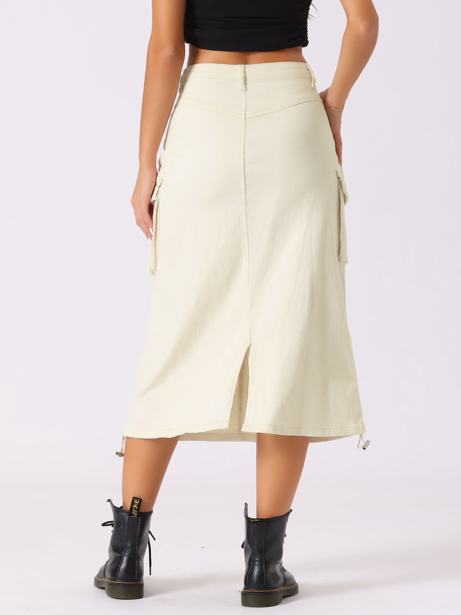 DARING DIVA Women's Y2K Adjustable Casual A-Line Midi Jean Skirt L Beige