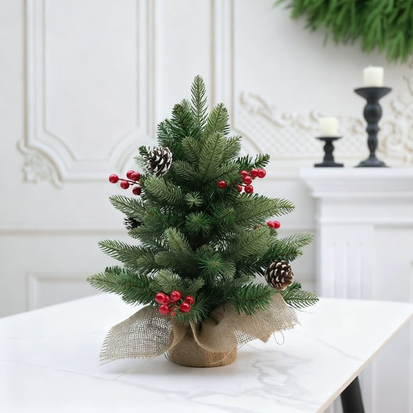 Dvkptbk Plastic Tree Christmas Tree Small Tree with Pines Cones and Red Berries Desktop Ornament Holiday Products Christmas Decorations